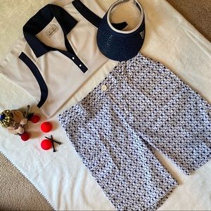 3 pc ladies golf outfit with shorts, polo and visor